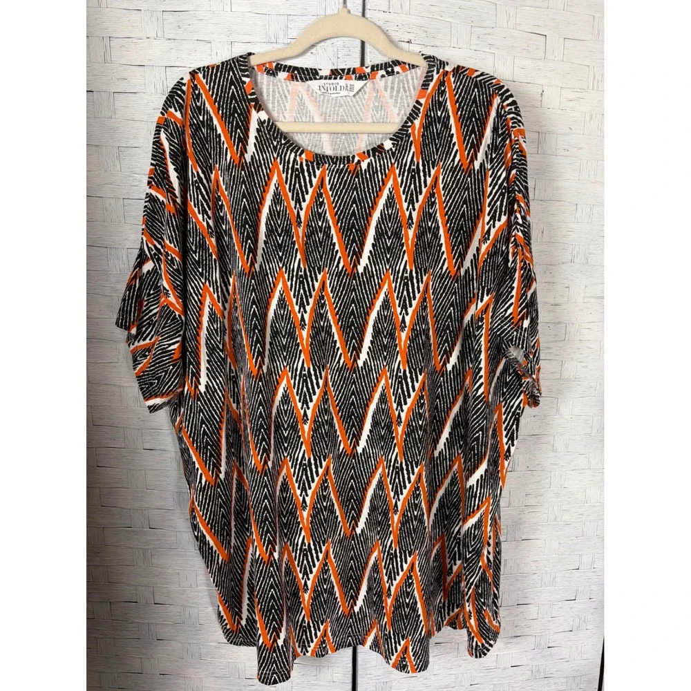Studio Untold Womens Top Orange Black Chevron Cotton Short Sleeve Plus Size